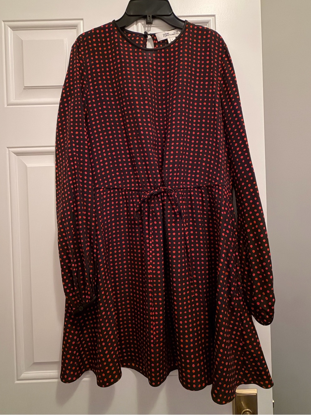 Diane Von Furstenberg Black Long-Sleeve Mini Dress with Red Dot Print